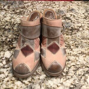 Freebird ~ Beetle Patchwork Pink, Gray & Brown Wedge Clogs